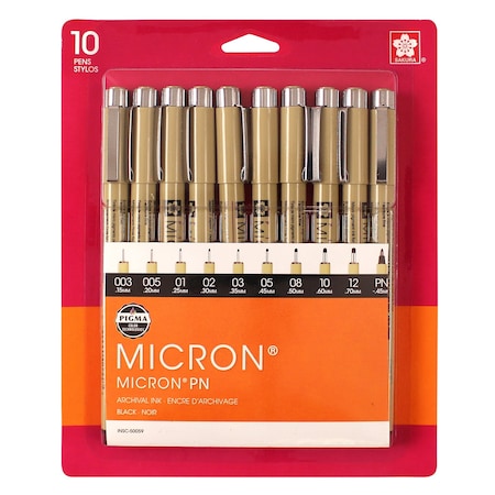 Sakura Pigma Micron Pen 10 pc set 003, 005, 01, 02, 03, 05, 08, 10, 12, Black, 10PK 50059
